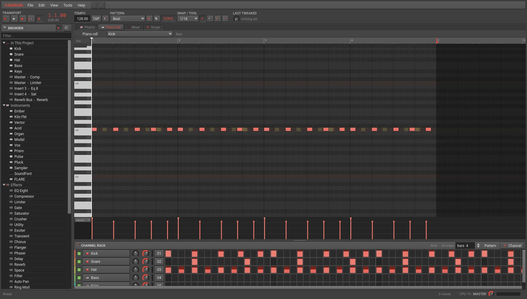 Cadmium - the piano roll editing a pattern, velocity lane underneath