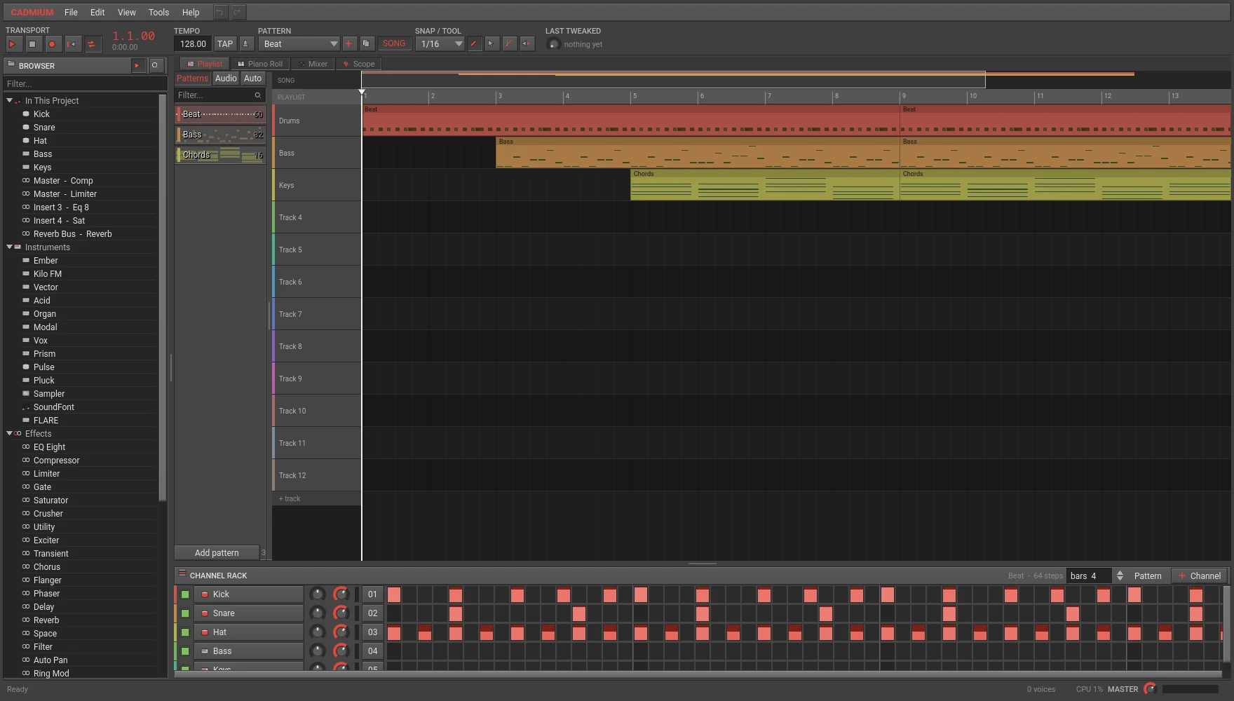 Cadmium - pattern clips arranged across playlist tracks, channel rack below
